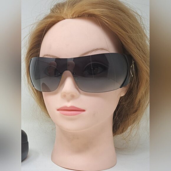 Prada Sunglasses Shield Rimless Oversized Wrap Tinted Black Logo Y2K SPR 16H - Picture 3 of 16